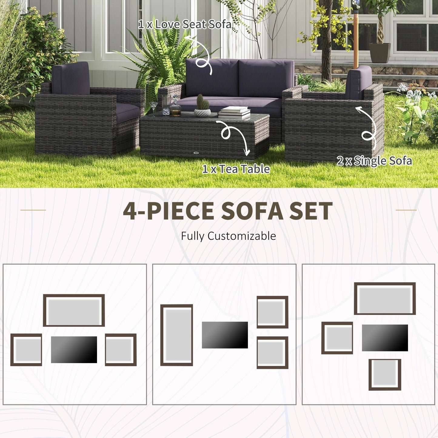 Outsunny 4-Piece Rattan Wicker Sofa Set with Loveseat and Glass Coffee Table for Outdoor Gray - 841-086V02GY