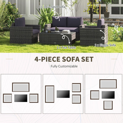 Outsunny 4-Piece Rattan Wicker Sofa Set with Loveseat and Glass Coffee Table for Outdoor Gray - 841-086V02GY