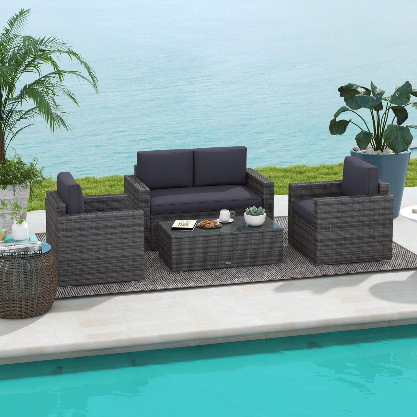 Outsunny 4-Piece Rattan Wicker Sofa Set with Loveseat and Glass Coffee Table for Outdoor Gray - 841-086V02GY