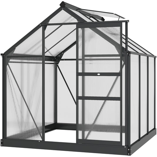 Outsunny 6' x 6' Polycarbonate Greenhouse with Rain Gutter and Roof Vent for Outdoor Garden, Gray - 845-058GY