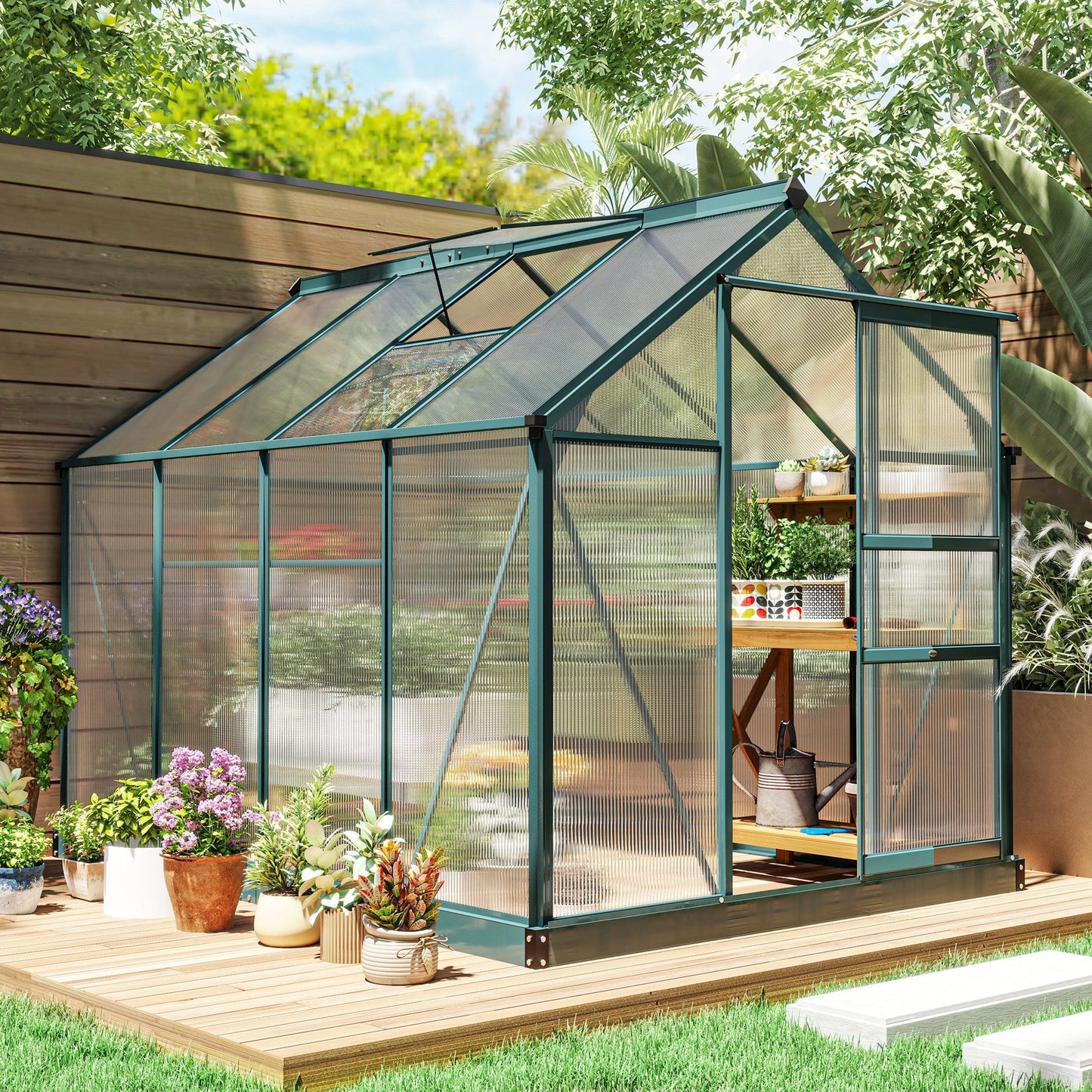 Outsunny BloomGreen 6' x 8' Greenhouse with Rain Gutter and Roof Vent Dark Green - 845-059