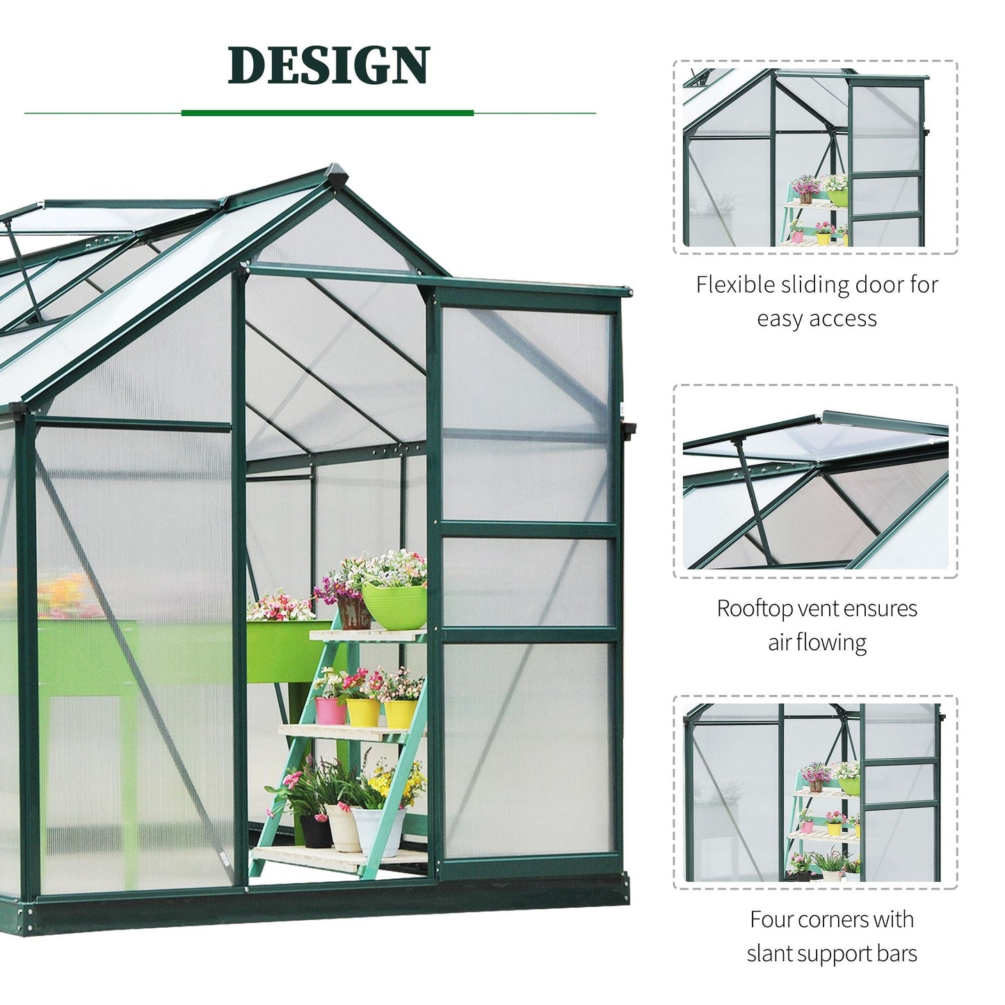 Outsunny BloomGreen 6' x 8' Greenhouse with Rain Gutter and Roof Vent Dark Green - 845-059