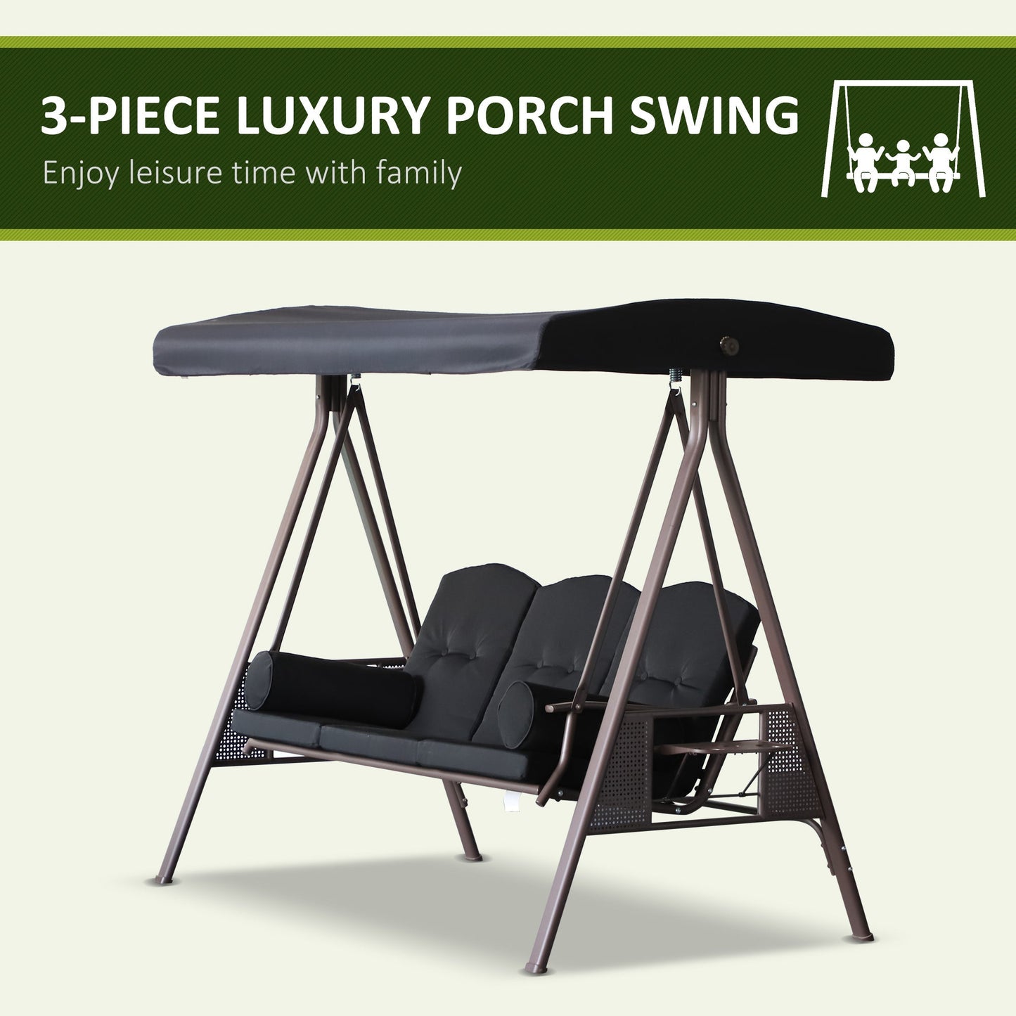 Outsunny 3-Seat Patio Swing Chair with Adjustable Canopy, Removable Cushion, Pillows & Trays, Black - 84A-068BK