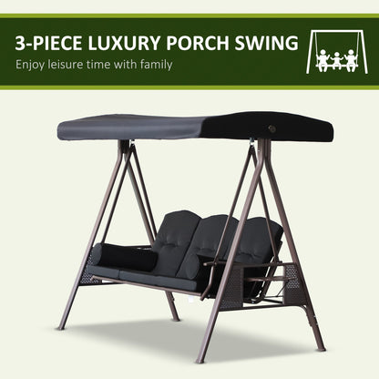 Outsunny 3-Seat Patio Swing Chair with Adjustable Canopy, Removable Cushion, Pillows & Trays, Black - 84A-068BK