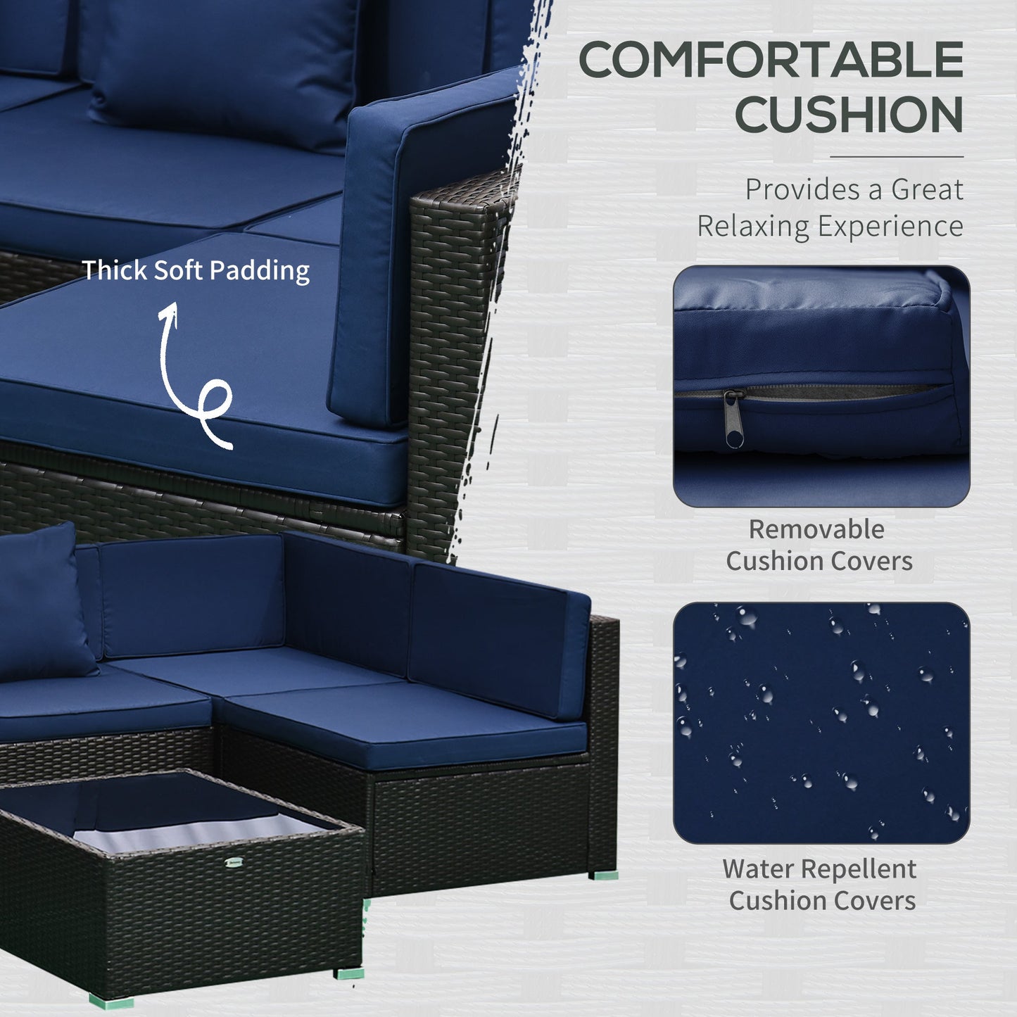 Outsunny 7-Piece PE Rattan Outdoor Sectional Sofa Set with Cushions, Coffee Table &amp; Pillows, Dark Blue - 860-020V01BU