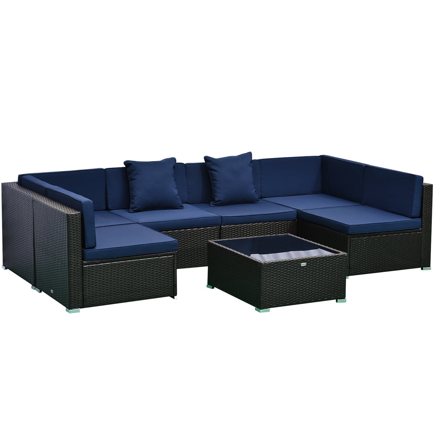 Outsunny 7-Piece PE Rattan Outdoor Sectional Sofa Set with Cushions, Coffee Table &amp; Pillows, Dark Blue - 860-020V01BU