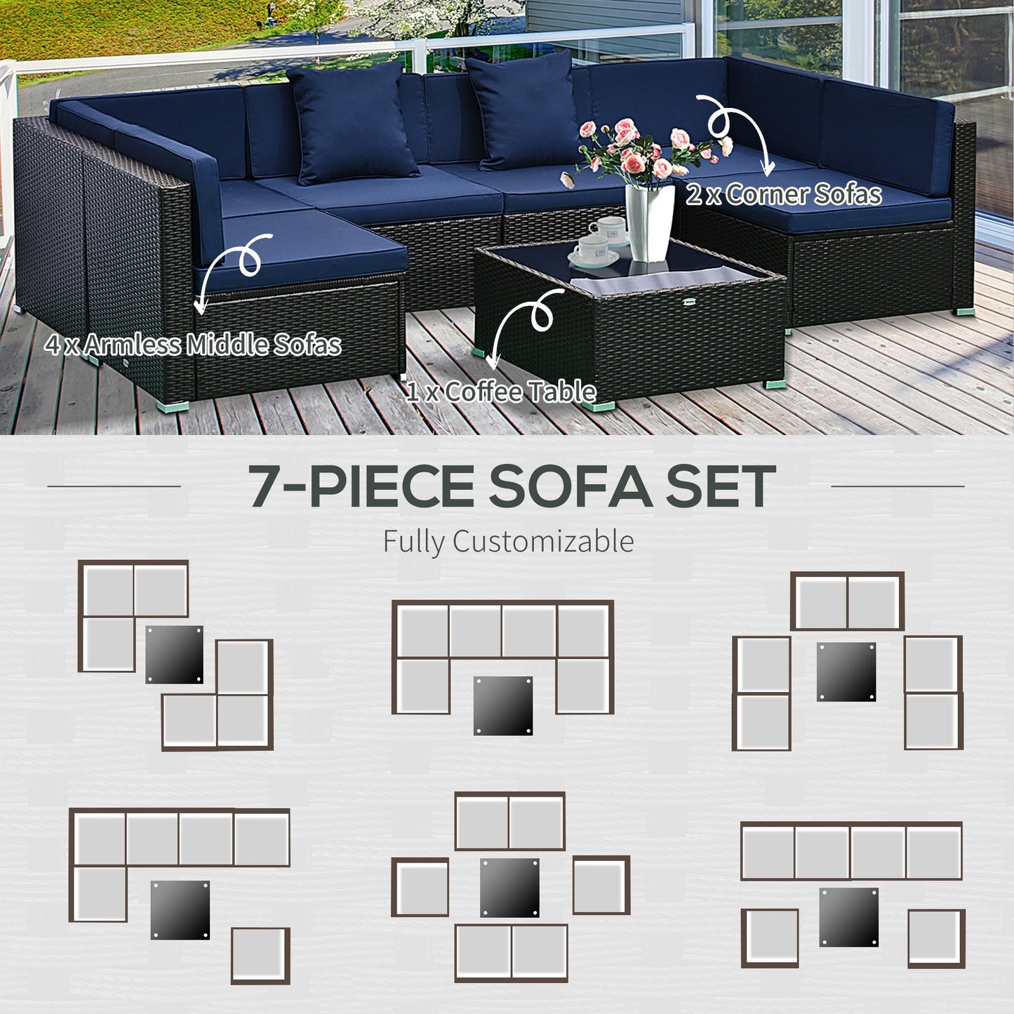 Outsunny 7-Piece PE Rattan Outdoor Sectional Sofa Set with Cushions, Coffee Table &amp; Pillows, Dark Blue - 860-020V01BU