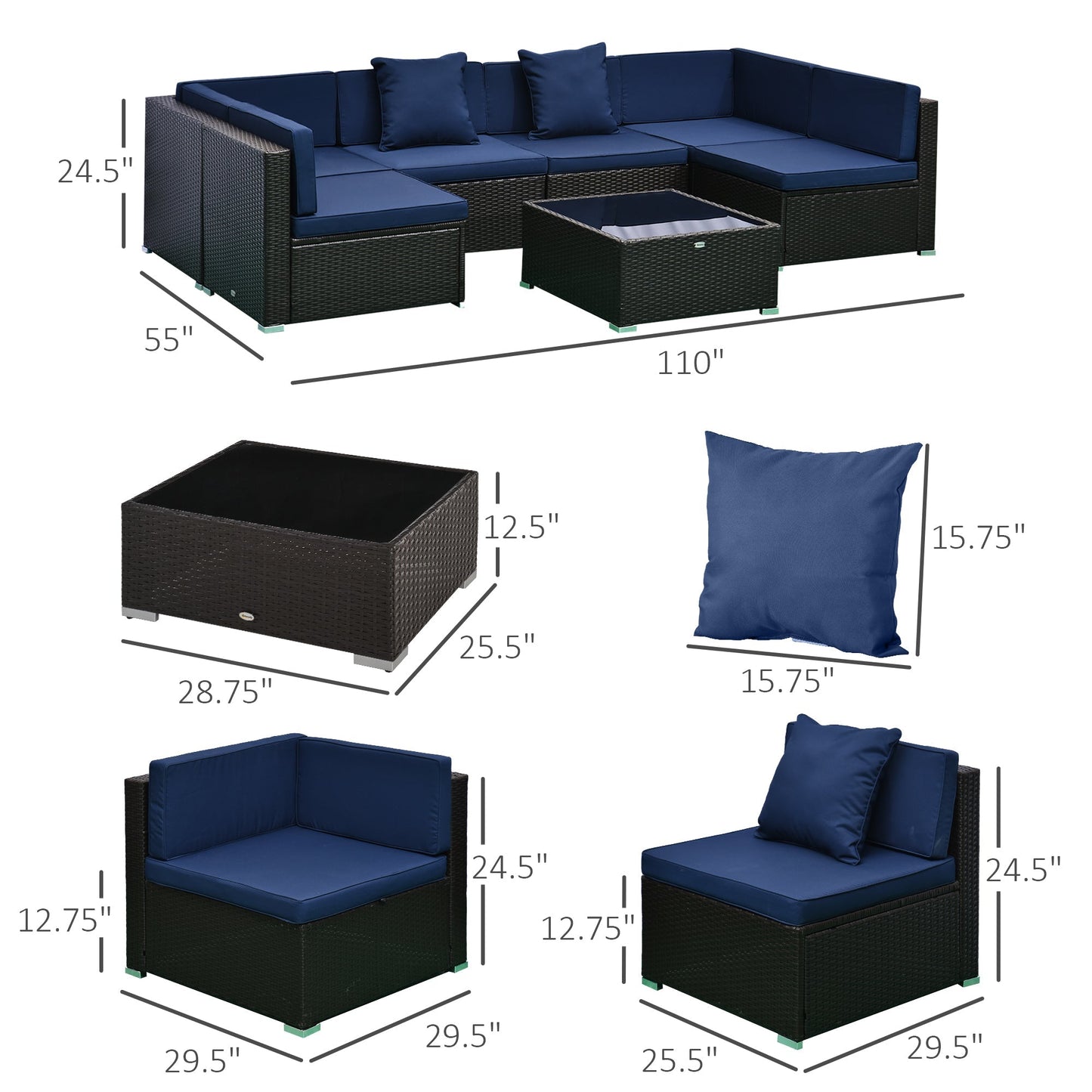 Outsunny 7-Piece PE Rattan Outdoor Sectional Sofa Set with Cushions, Coffee Table &amp; Pillows, Dark Blue - 860-020V01BU