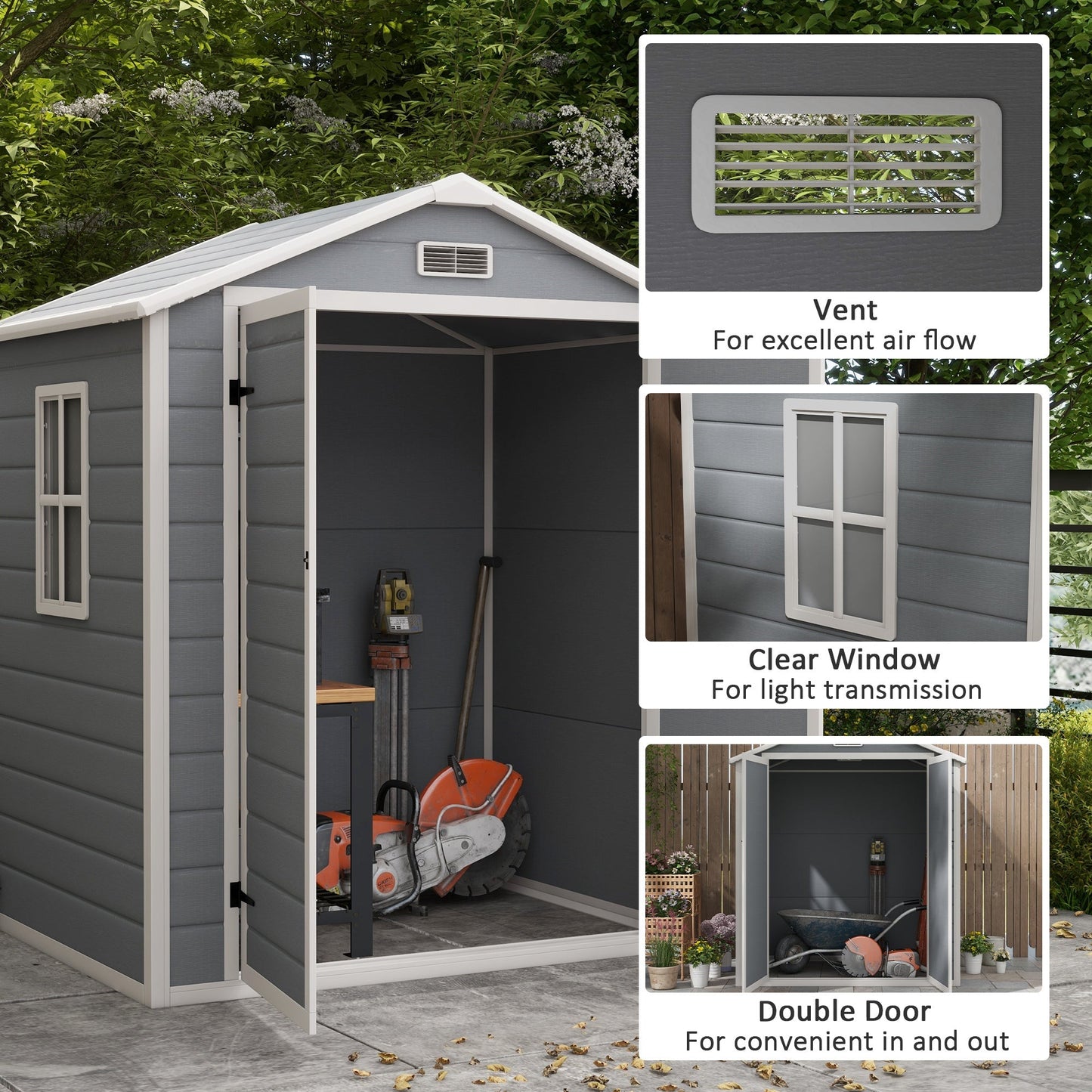 Outsunny 6' x 4.5' Plastic Outdoor Storage Shed with Window, Lockable Doors and Vents, Gray - 845-953V00GY