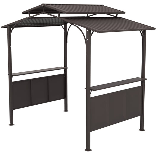 Outsunny 8' x 5' BBQ Grill Gazebo, Double Tiered Roof, Steel Frame, 2 Shelves, Brown - 84C-221V00BN