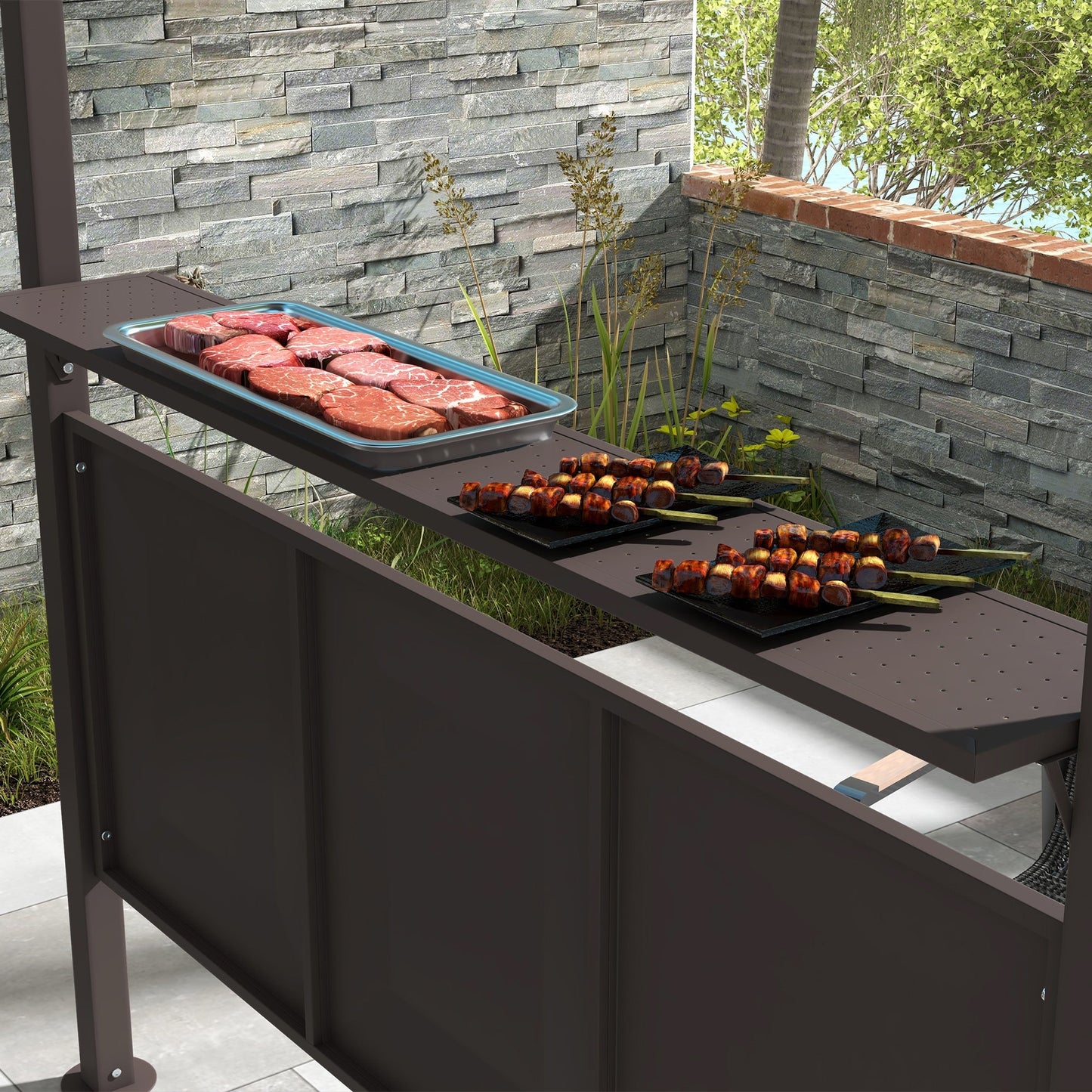 Outsunny 8' x 5' BBQ Grill Gazebo, Double Tiered Roof, Steel Frame, 2 Shelves, Brown - 84C-221V00BN