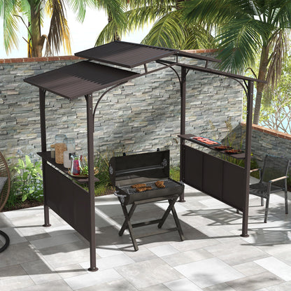 Outsunny 8' x 5' BBQ Grill Gazebo, Double Tiered Roof, Steel Frame, 2 Shelves, Brown - 84C-221V00BN