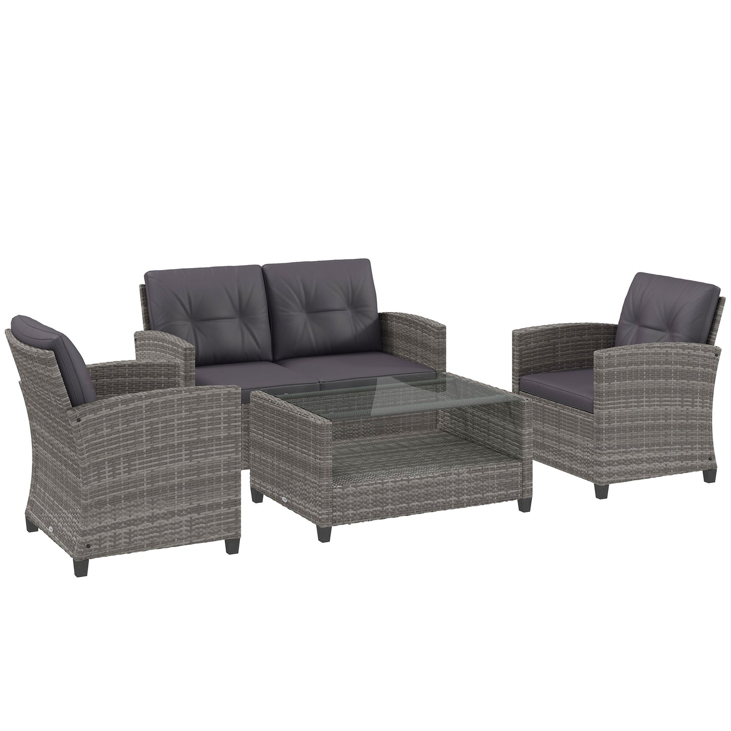 Outsunny 4-Piece PE Wicker Patio Set with Two-tier Coffee Table & Cushions, Charcoal - 860-117V01TN