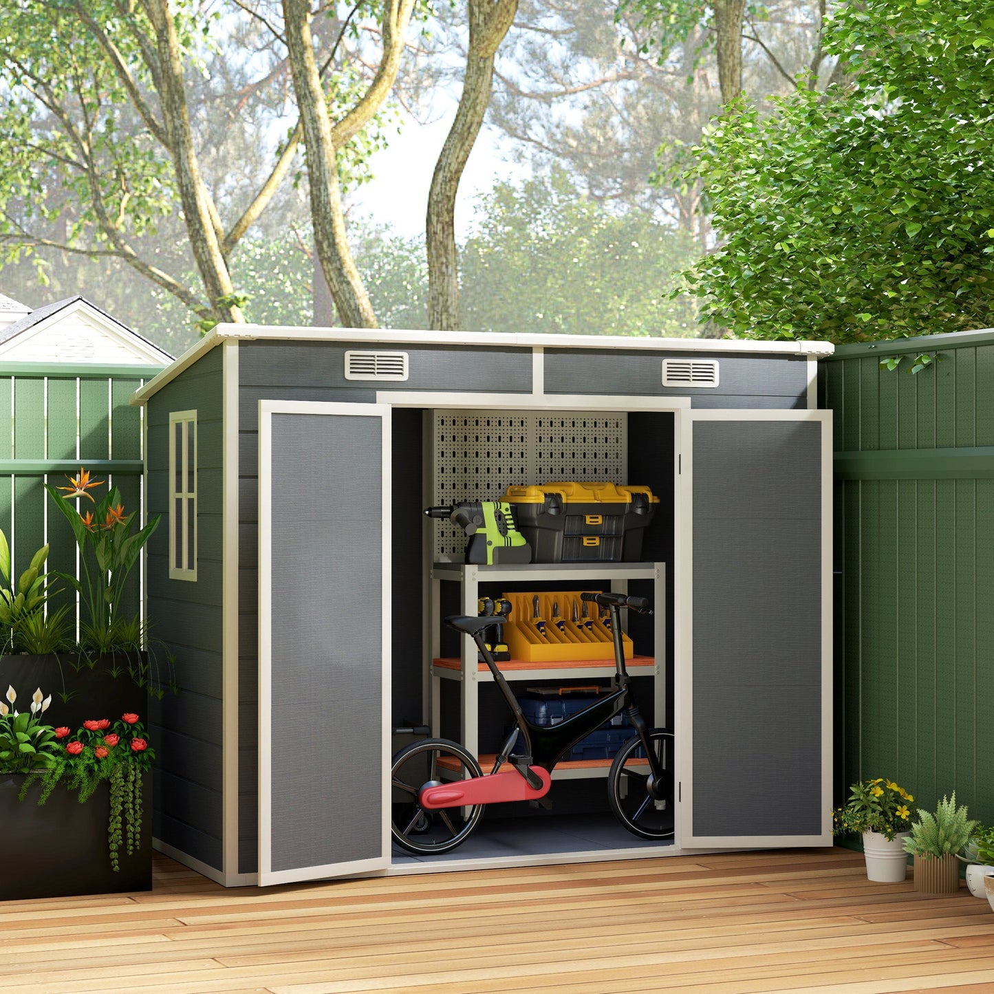 Outsunny EverBase 8' x 4' Outdoor Storage Shed with Window, Lockable Doors and Vents, Gray - 84H-156V00GY