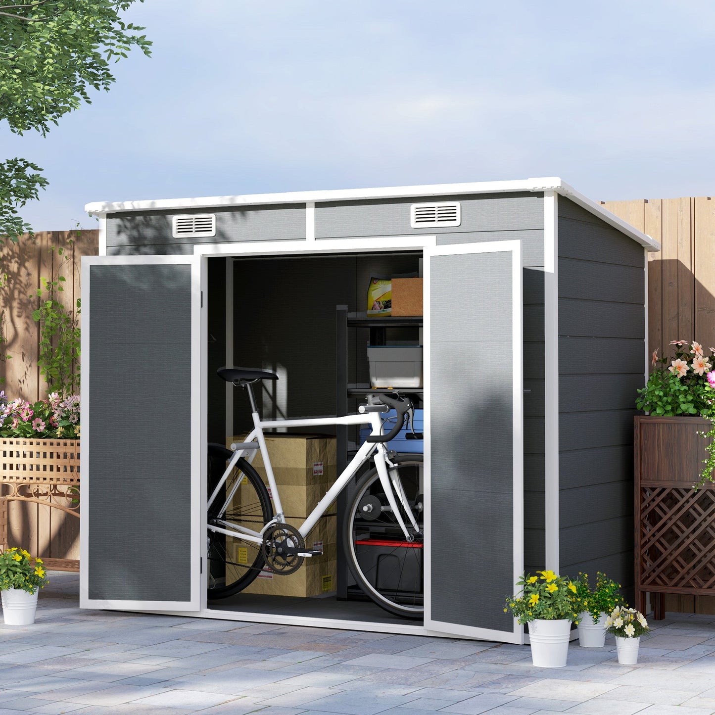 Outsunny EverBase 8' x 4' Outdoor Storage Shed with Window, Lockable Doors and Vents, Gray - 84H-156V00GY