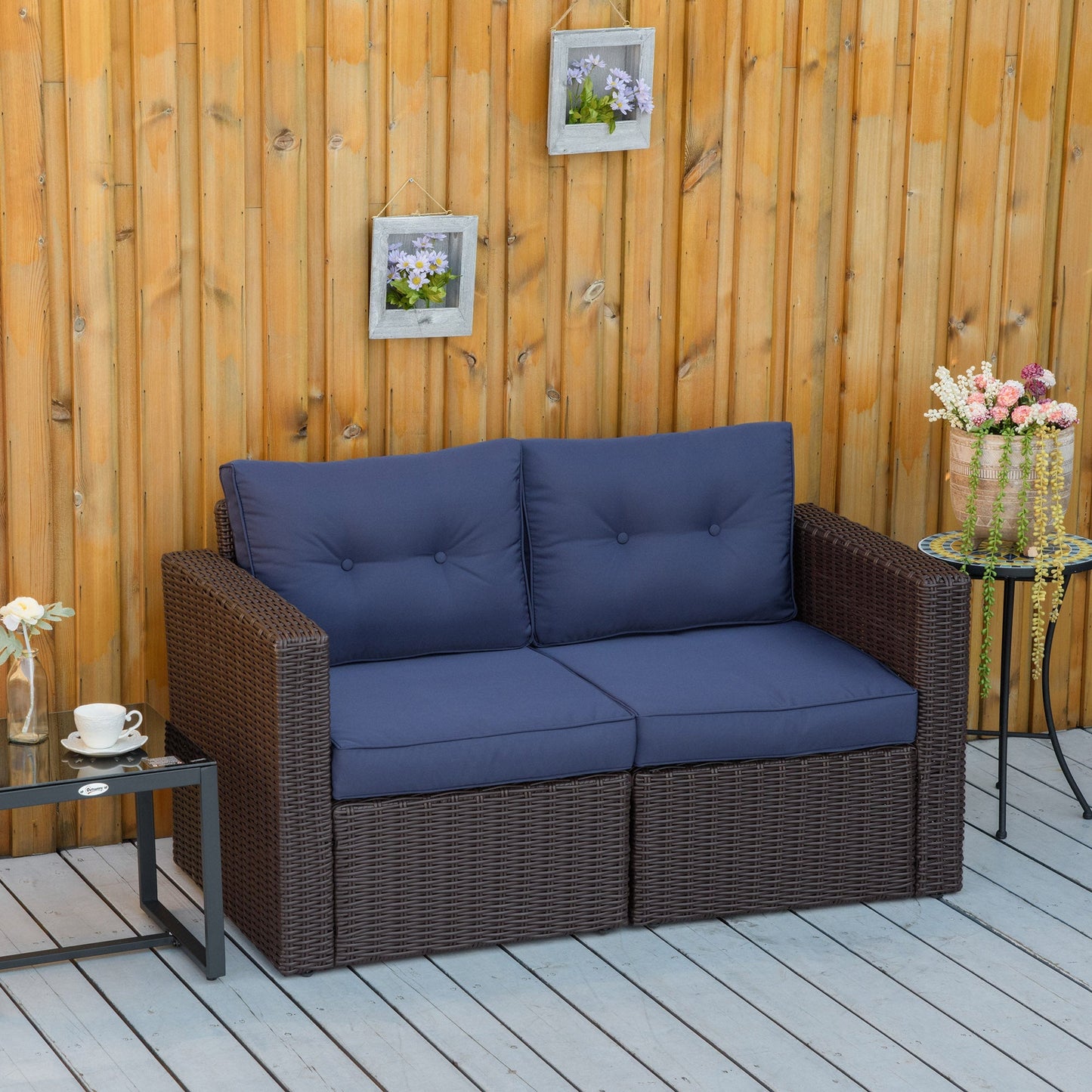 Outsunny 2-Piece Patio Corner Sofa Set with Curved Armrests &amp; Padded Cushions, Dark Blue - 860-204DB