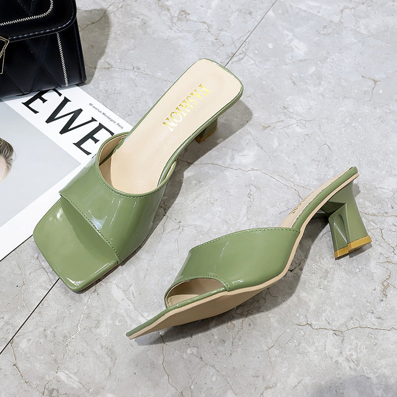 Confort été bout carré Peep-toe pantoufles femmes talon haut