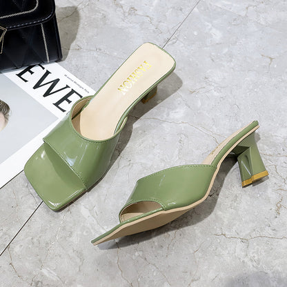 Confort été bout carré Peep-toe pantoufles femmes talon haut
