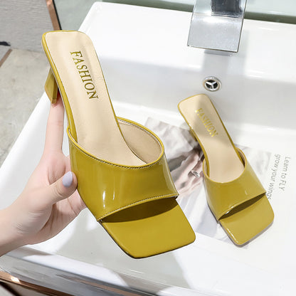Confort été bout carré Peep-toe pantoufles femmes talon haut