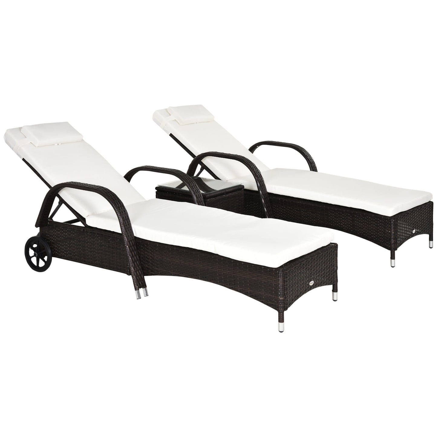 Outsunny 3-Piece Patio Chaise Lounge Chair with Table, 5-Level Adjustable Backrest & Wheels, Brown - 862-011BN