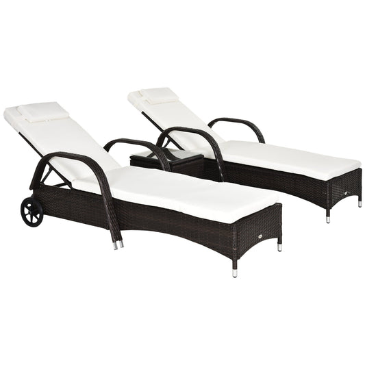 Outsunny 3-Piece Patio Chaise Lounge Chair with Table, 5-Level Adjustable Backrest & Wheels, Brown - 862-011BN