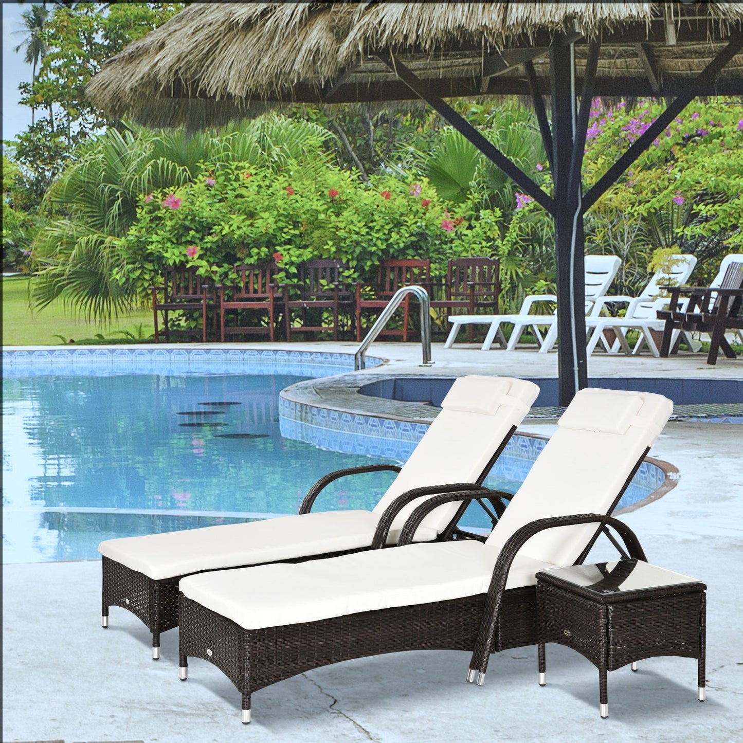 Outsunny 3-Piece Patio Chaise Lounge Chair with Table, 5-Level Adjustable Backrest & Wheels, Brown - 862-011BN