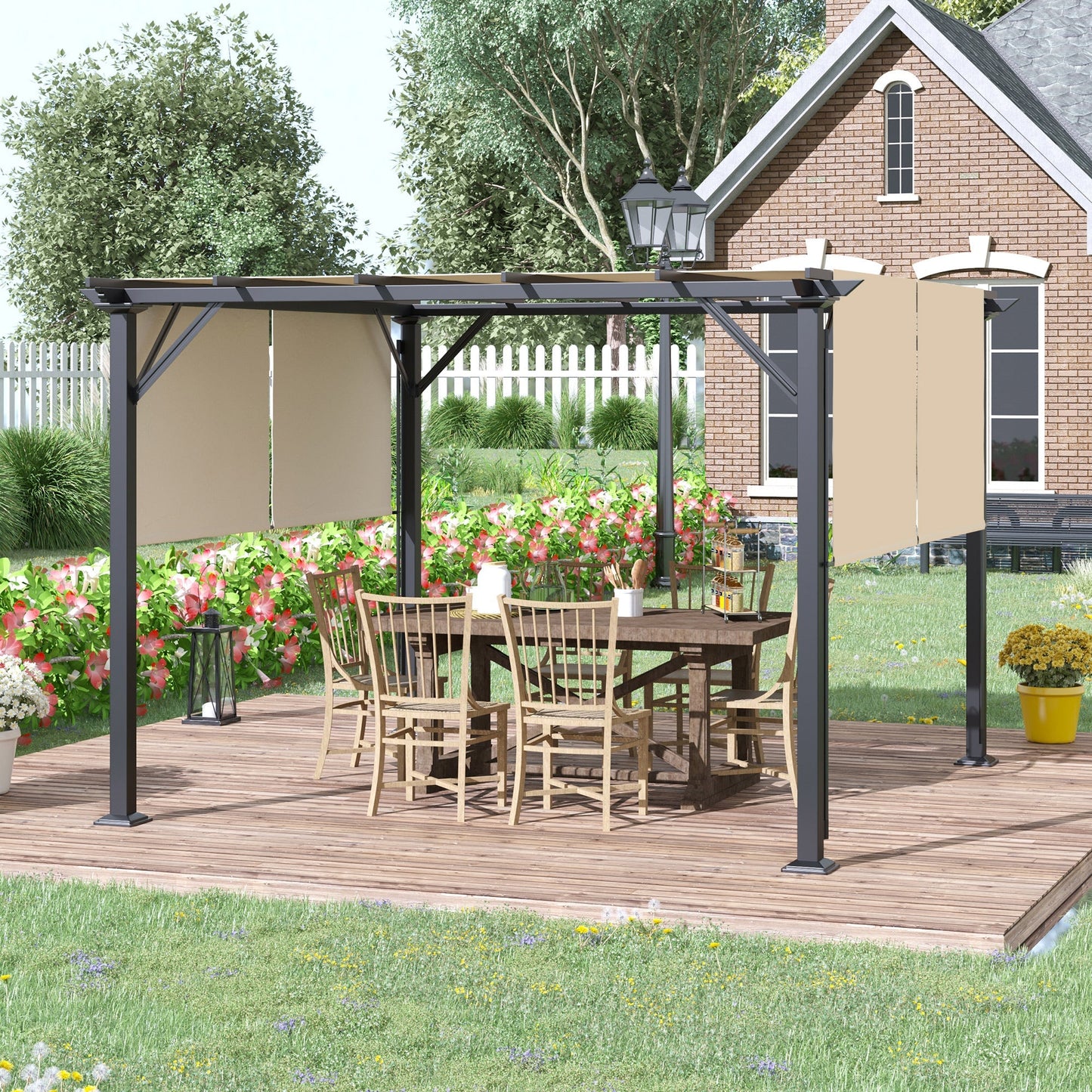 Outsunny 12' x 10' Retractable Pergola Canopy, Sun Shade, Unique Design, Metal Shelter, Beige - 84C-242V01