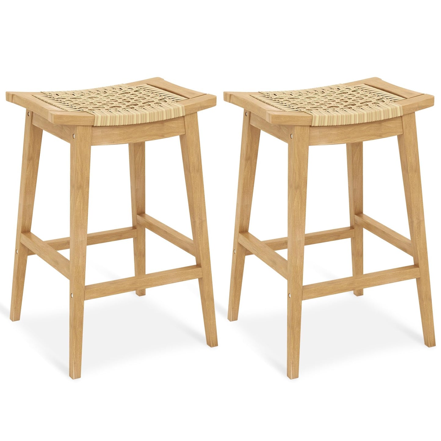 Tangkula Teak Wood Bar Stool, 29” Patio Rattan Barstool with Footrest & Saddle Seat - JV11905