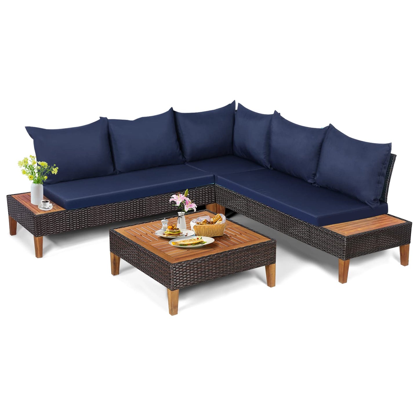 4 Pieces Acacia Wood Patio Conversation Set, Sofa Set with Coffee Table, Corner Sofa & 2 Loveseats - HW69380NY+