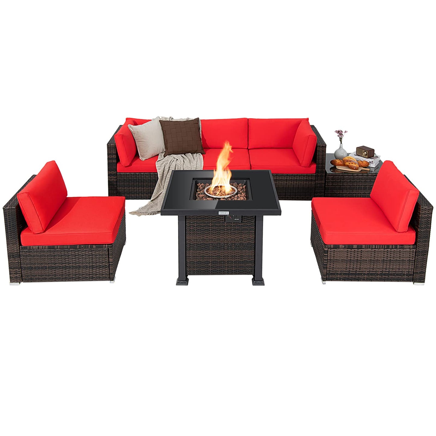 Tangkula 7 Pieces Patio Furniture Set with Fire Pit Table - NP10618CF+HW67937NYA+
