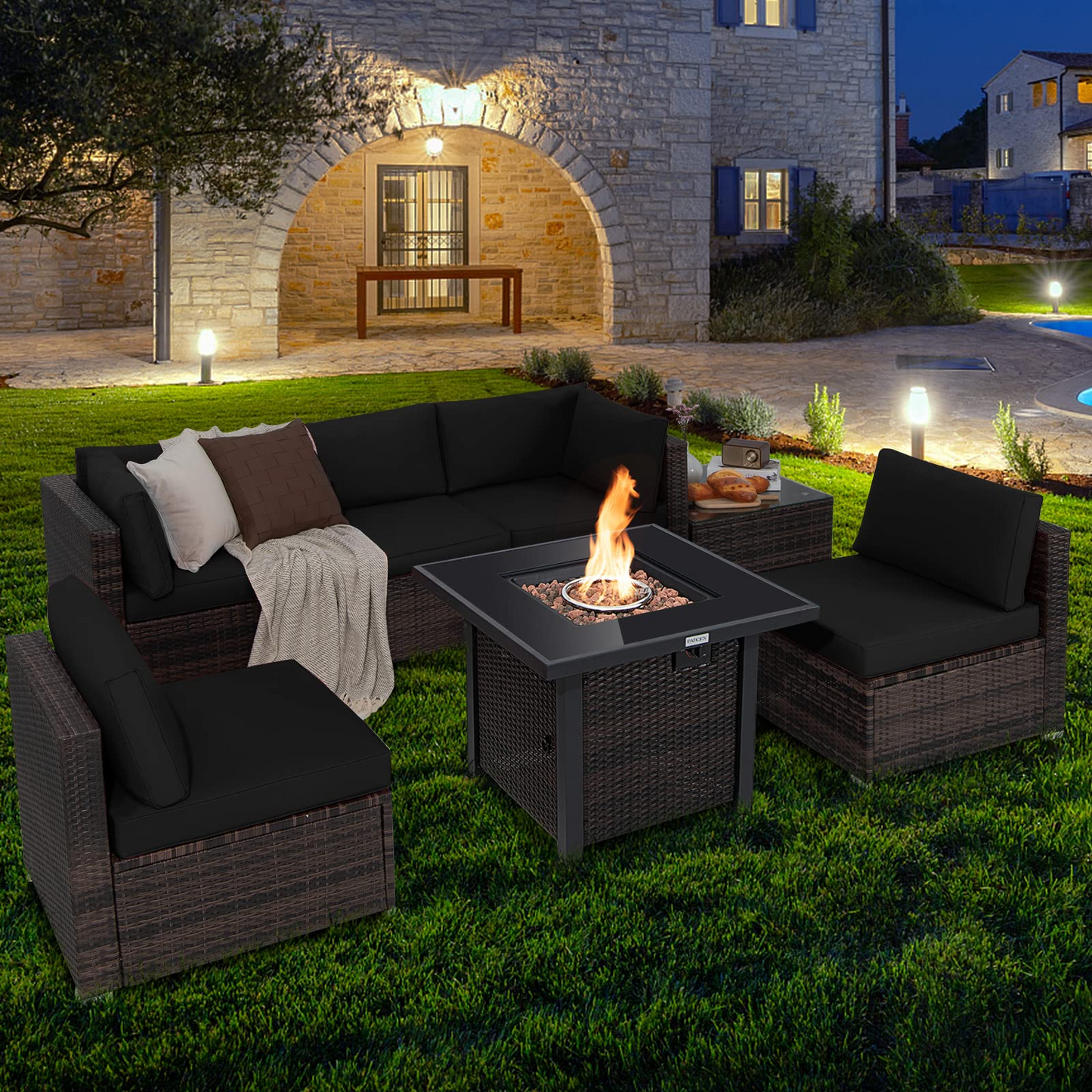 Tangkula 7 Pieces Patio Furniture Set with Fire Pit Table - NP10618CF+HW67937NYA+