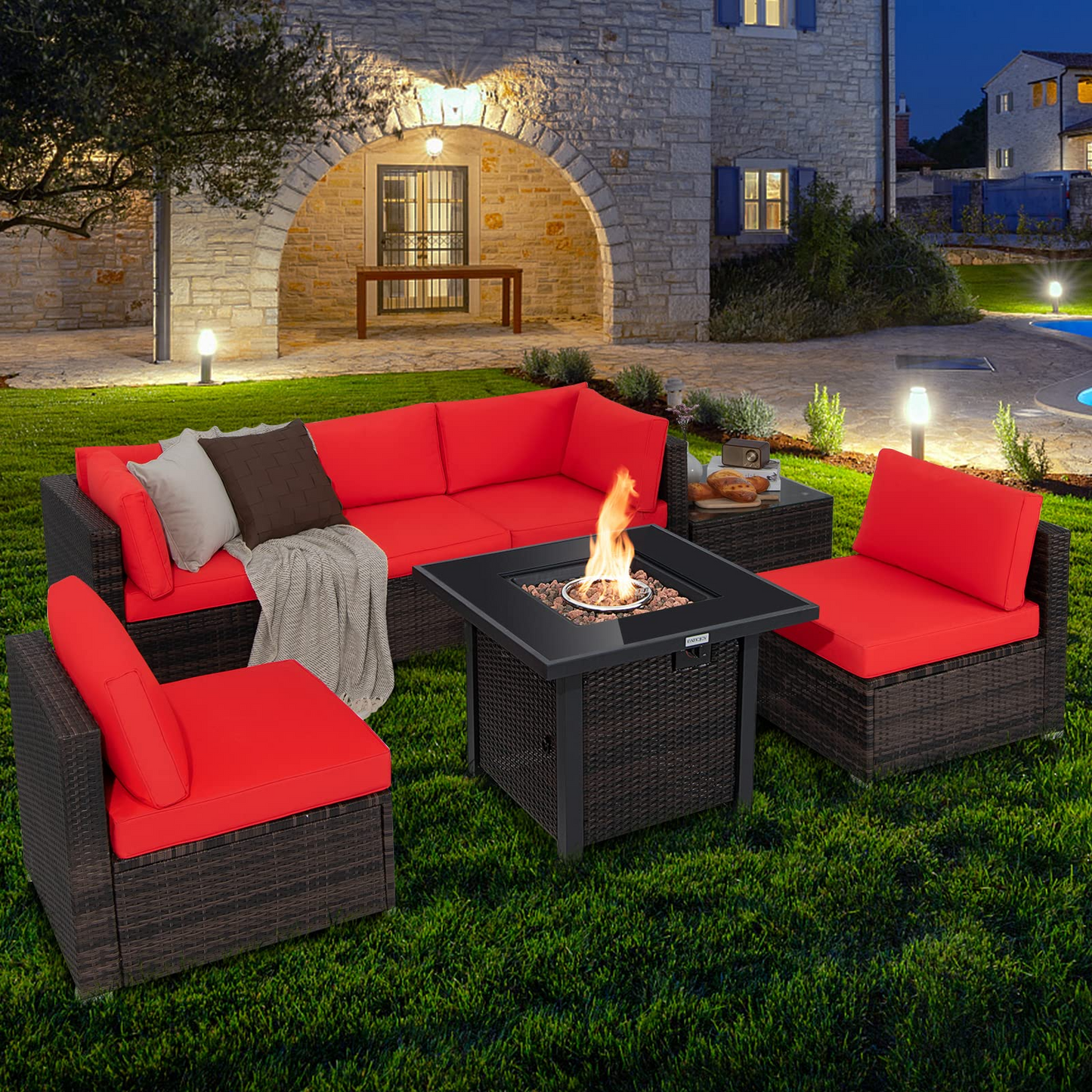 Tangkula 7 Pieces Patio Furniture Set with Fire Pit Table - NP10618CF+HW67937NYA+
