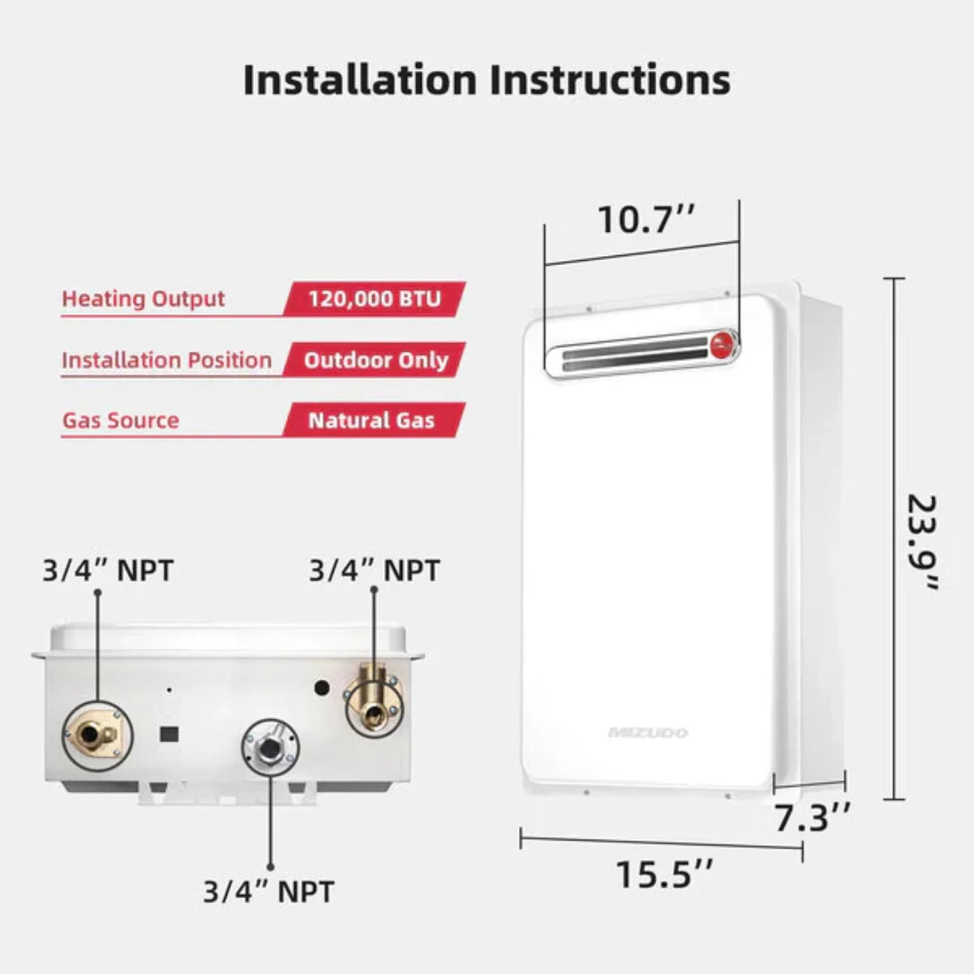 Mizudo CS120S Tankless Water Heater Natural Gas 5.1 GPM 120,000 BTU New - FDG-CS120SBW-NG