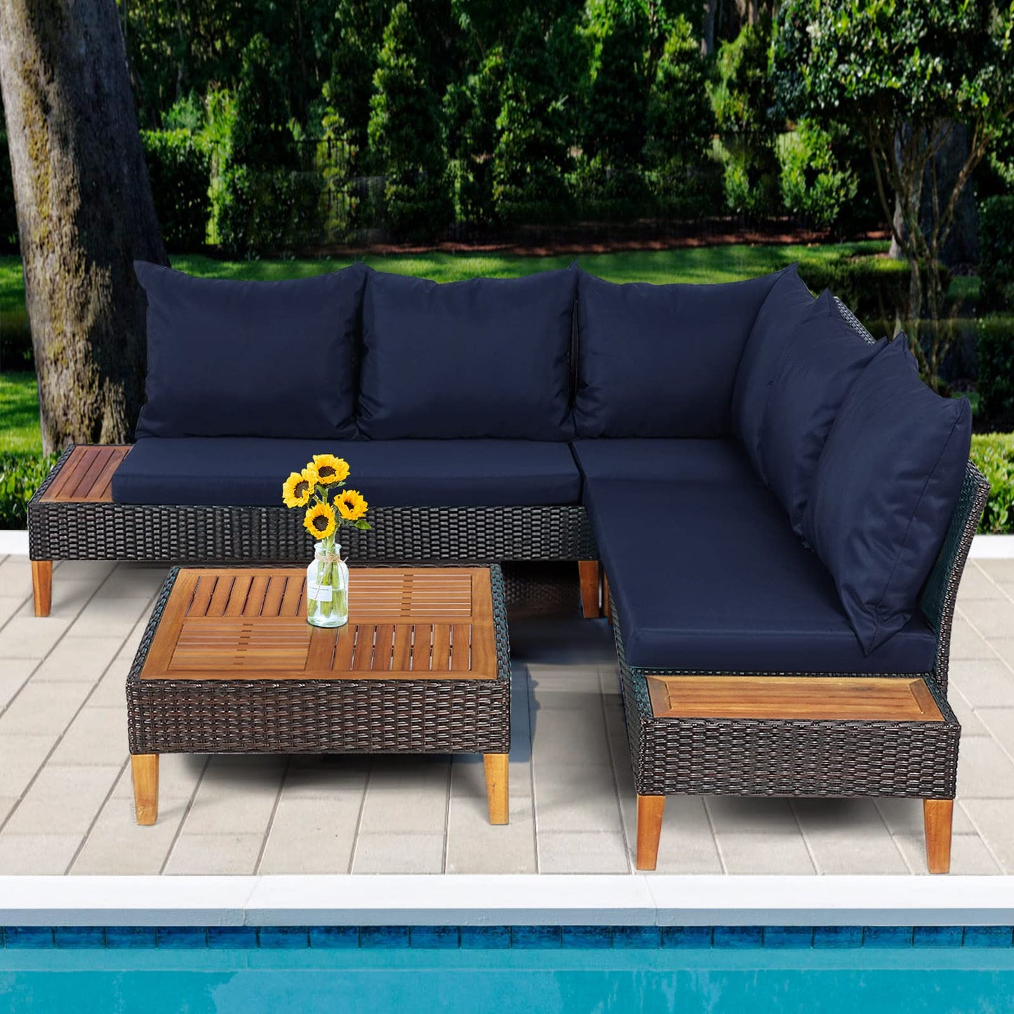 4 Pieces Acacia Wood Patio Conversation Set, Sofa Set with Coffee Table, Corner Sofa & 2 Loveseats - HW69380NY+