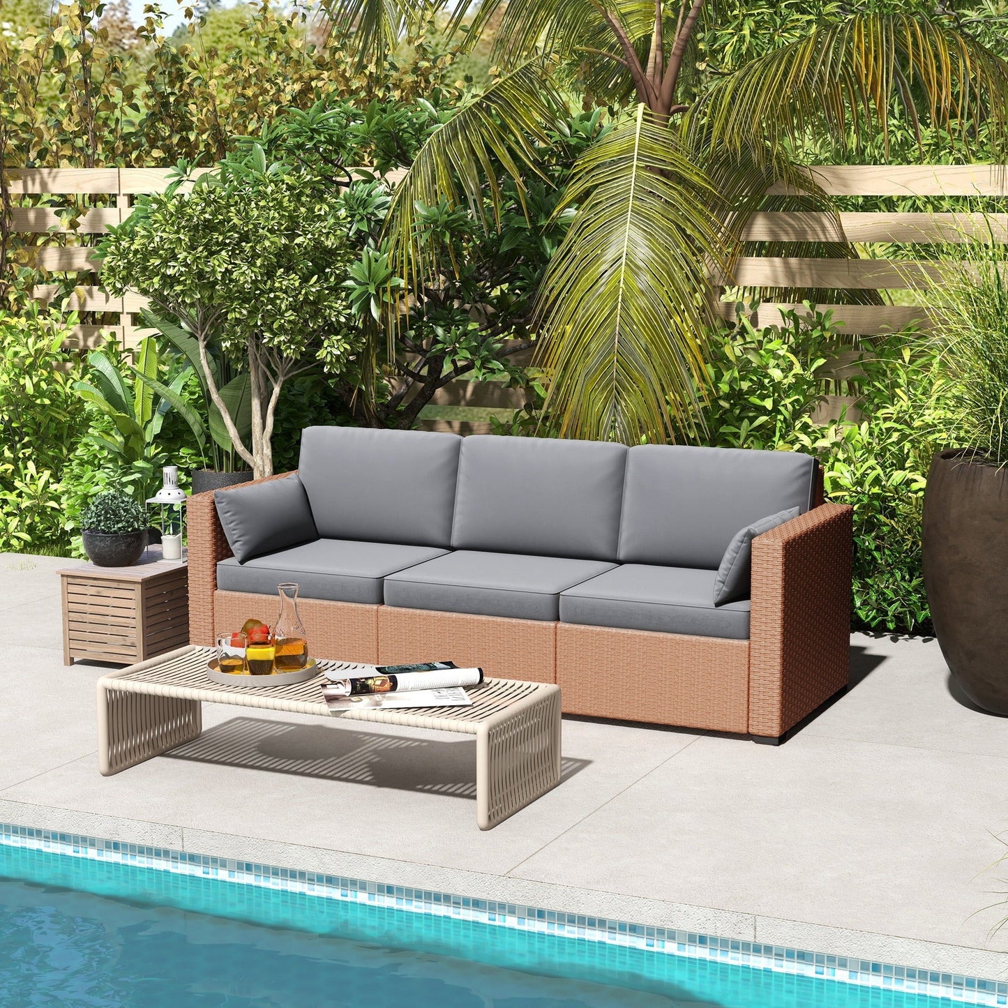 Outsunny 3-Seater PE Wicker Deep Seating Sofa with Removable Cushions, Sand - 860-308V00SD