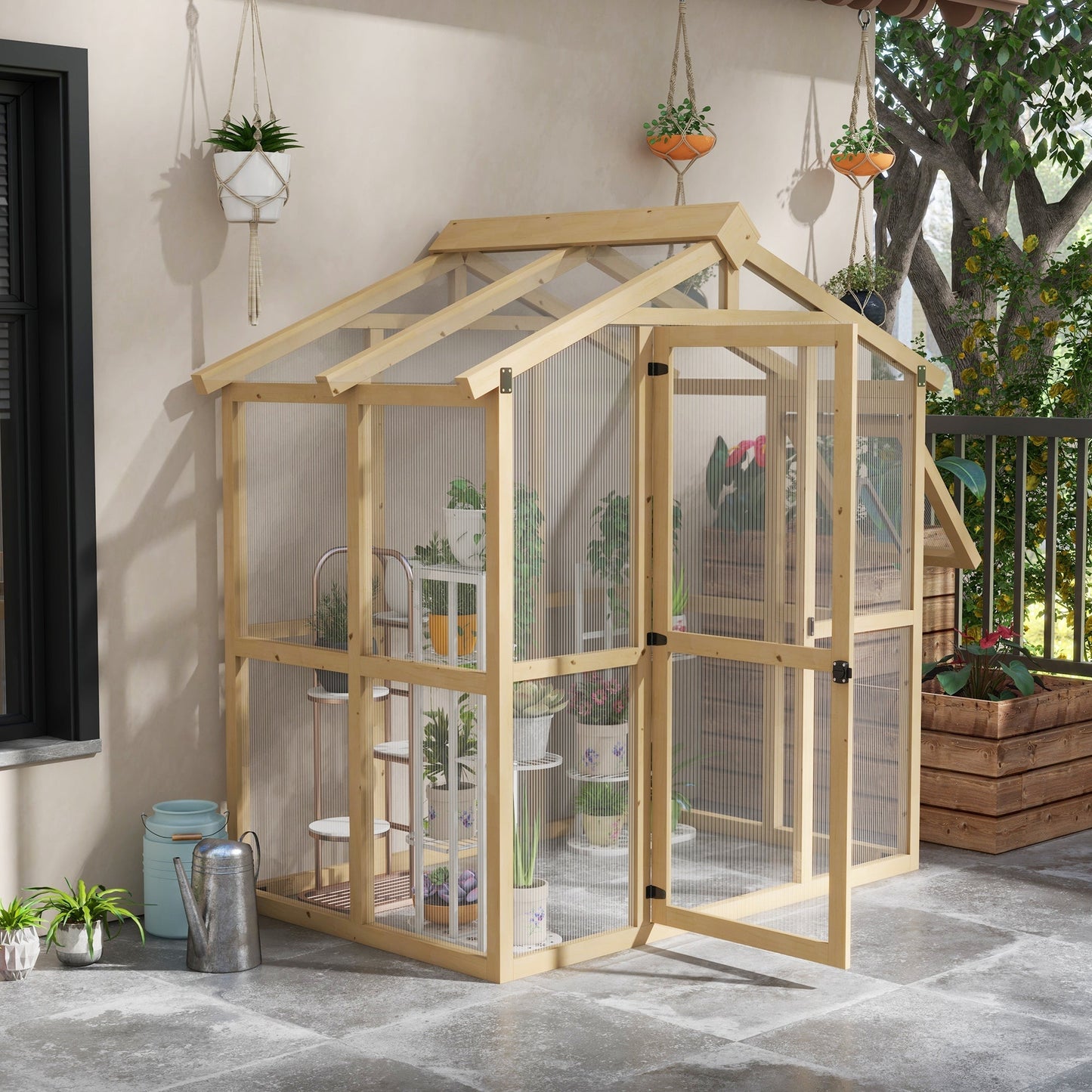 Outsunny 6.5' x 4' x 6.7' Outdoor Greenhouse with Wood Frame, Automatic Temperature Window and Lockable Door - 84H-020V00ND
