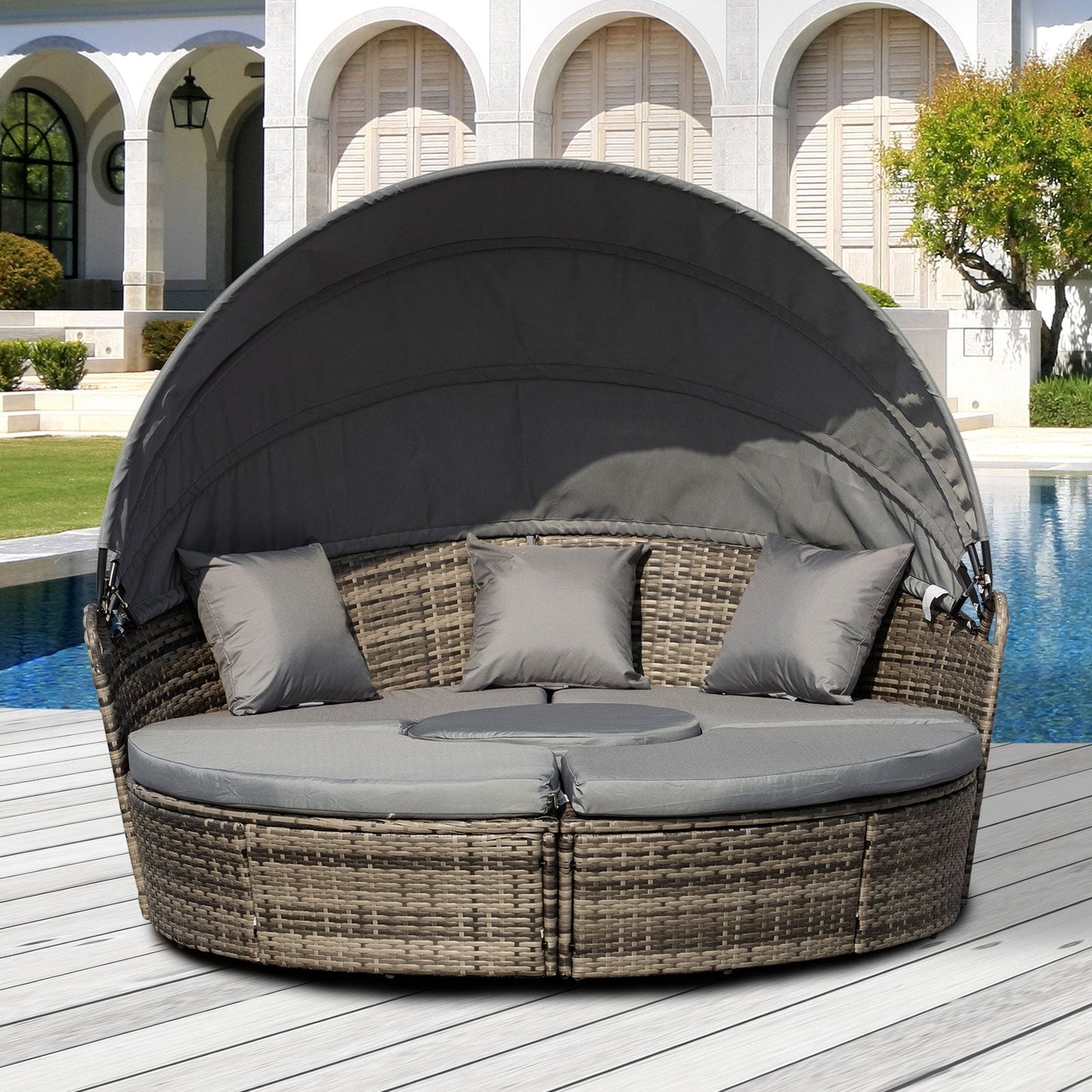 Outsunny 4-Piece Round Convertible Daybed with Adjustable Canopy, Sectional Sofa, 2 Chairs, Table, Dark Gray - 862-021CG