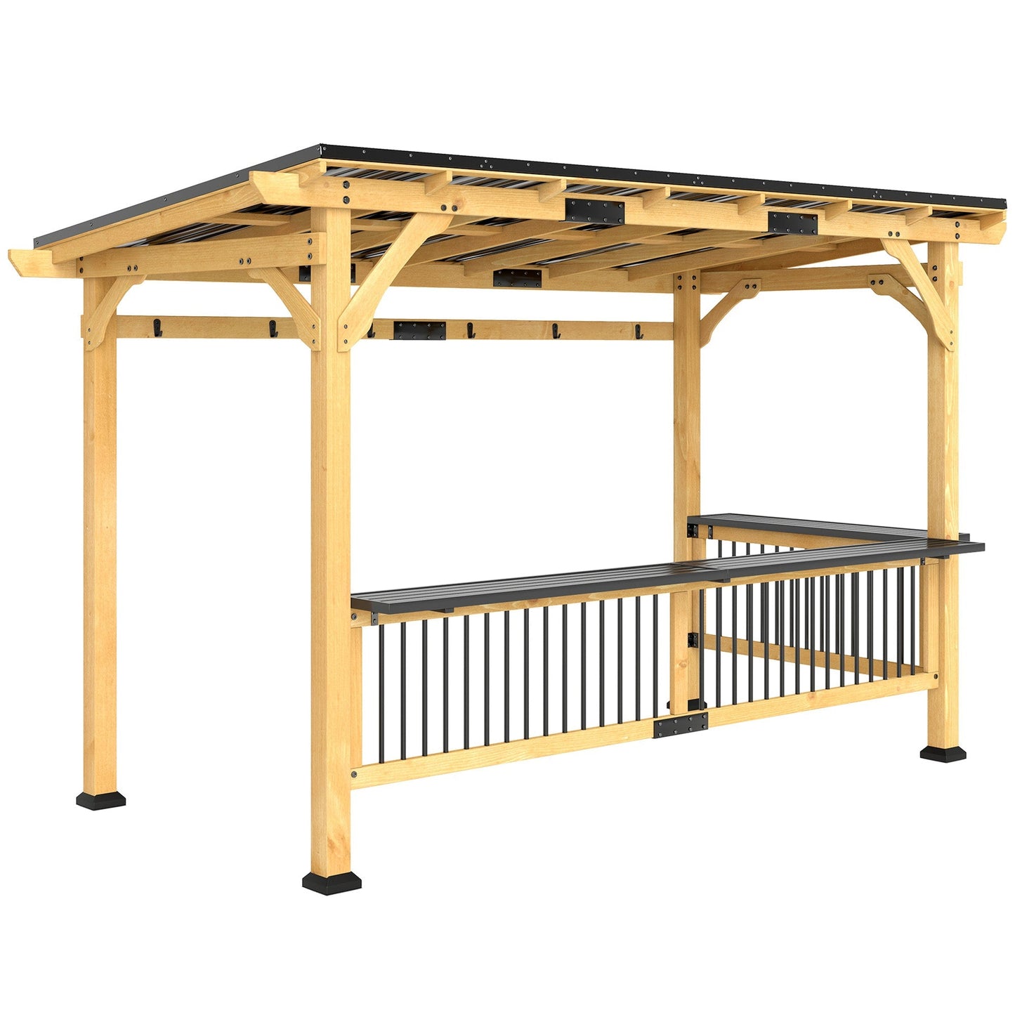 Outsunny 13' x 6' Wooden BBQ Grill Gazebo with Metal Roof 2 Bar Shelves and 6 Hooks, Natural - 84C-650V00ND