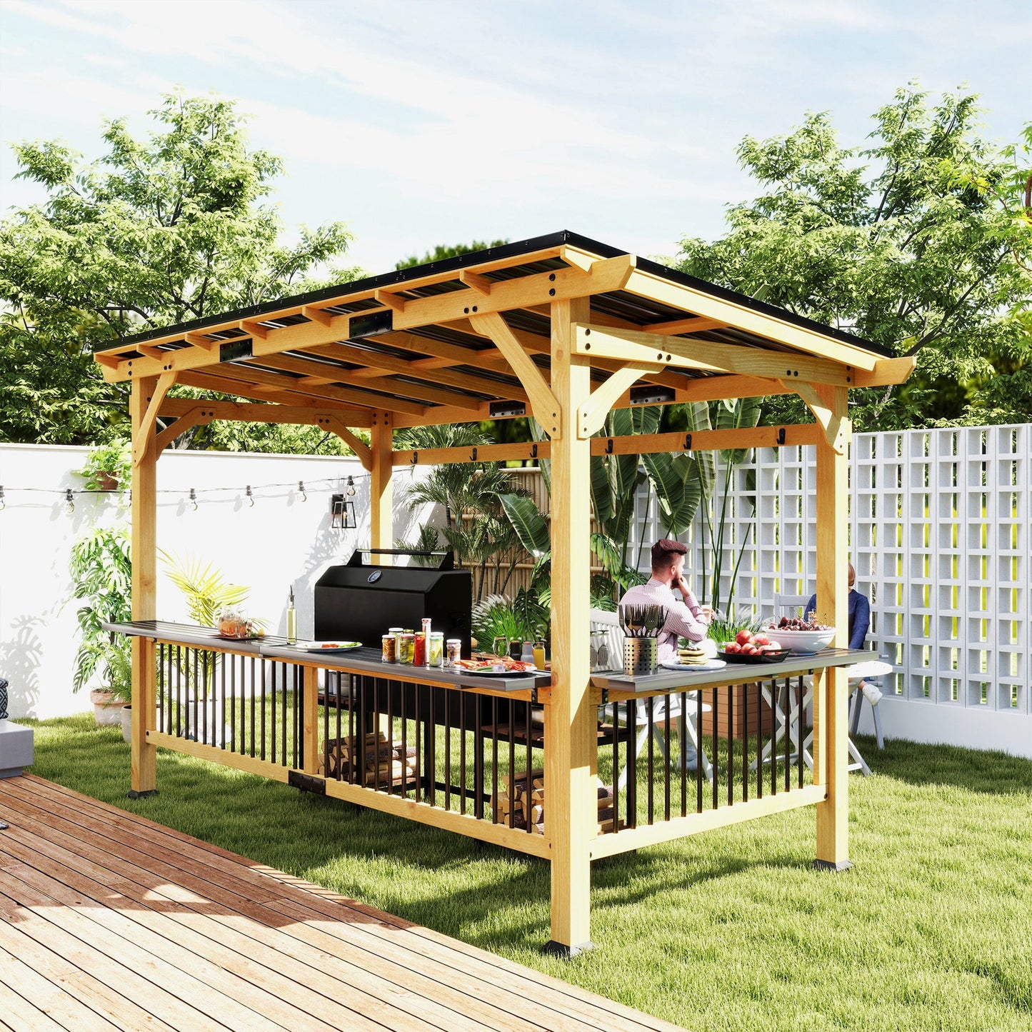 Outsunny 13' x 6' Wooden BBQ Grill Gazebo with Metal Roof 2 Bar Shelves and 6 Hooks, Natural - 84C-650V00ND