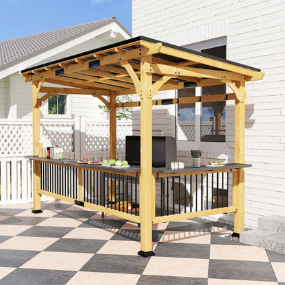 Outsunny 13' x 6' Wooden BBQ Grill Gazebo with Metal Roof 2 Bar Shelves and 6 Hooks, Natural - 84C-650V00ND