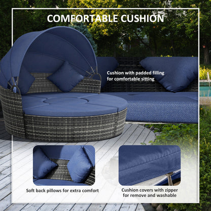 Outsunny 4-Piece Round Convertible Daybed with Adjustable Canopy, Sectional Sofa, 2 Chairs, Table, Dark Blue - 862-021V01DB
