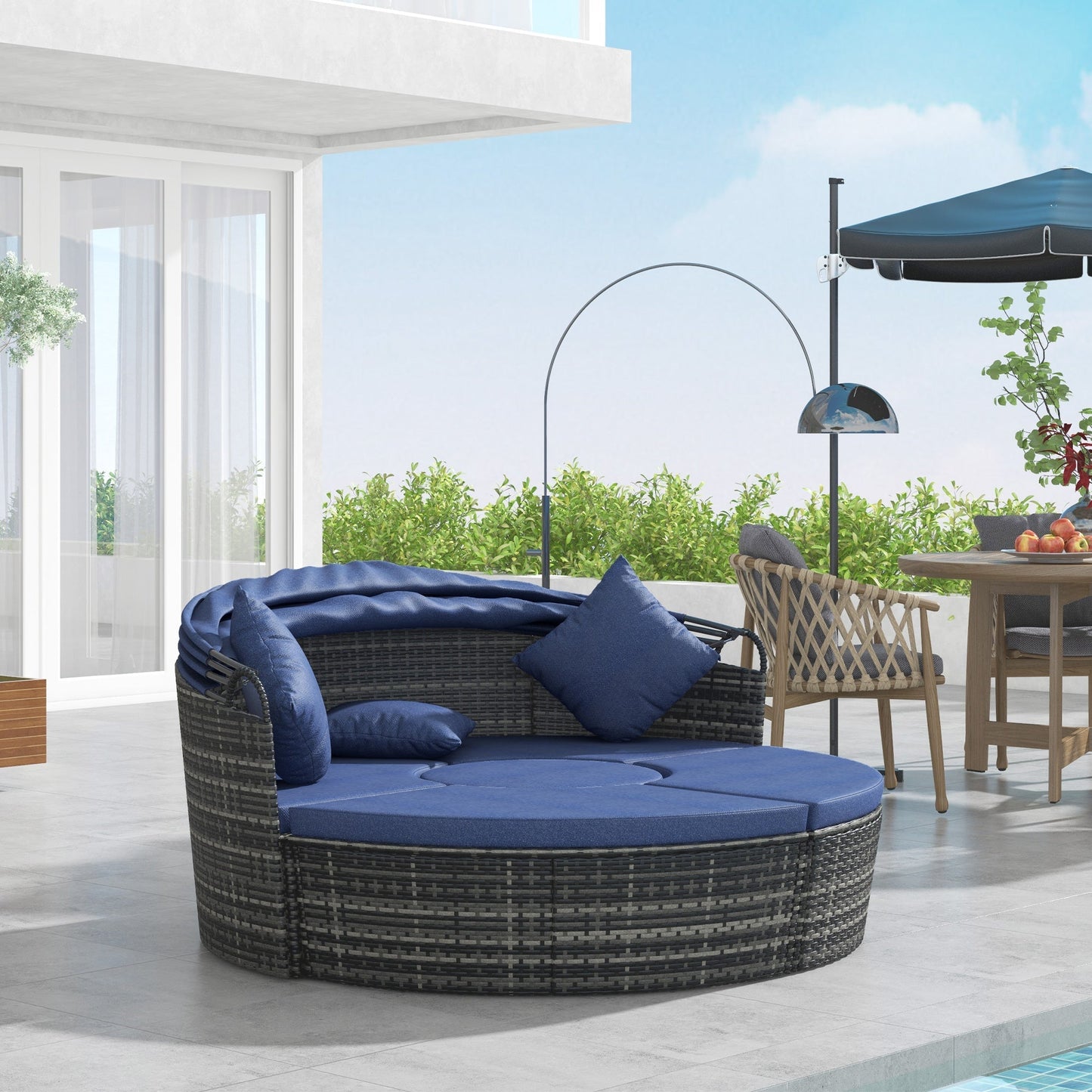 Outsunny 4-Piece Round Convertible Daybed with Adjustable Canopy, Sectional Sofa, 2 Chairs, Table, Dark Blue - 862-021V01DB