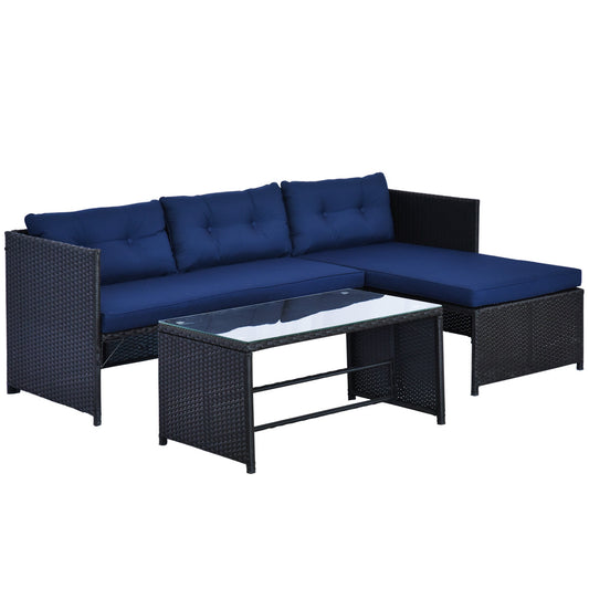 Outsunny 3 Piece Outdoor L-Shaped Rattan Patio Furniture Set with Sofa, Table and Cushions, Blue - 841-121BU