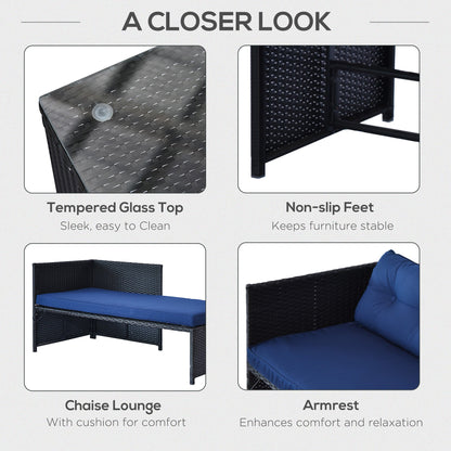 Outsunny 3 Piece Outdoor L-Shaped Rattan Patio Furniture Set with Sofa, Table and Cushions, Blue - 841-121BU