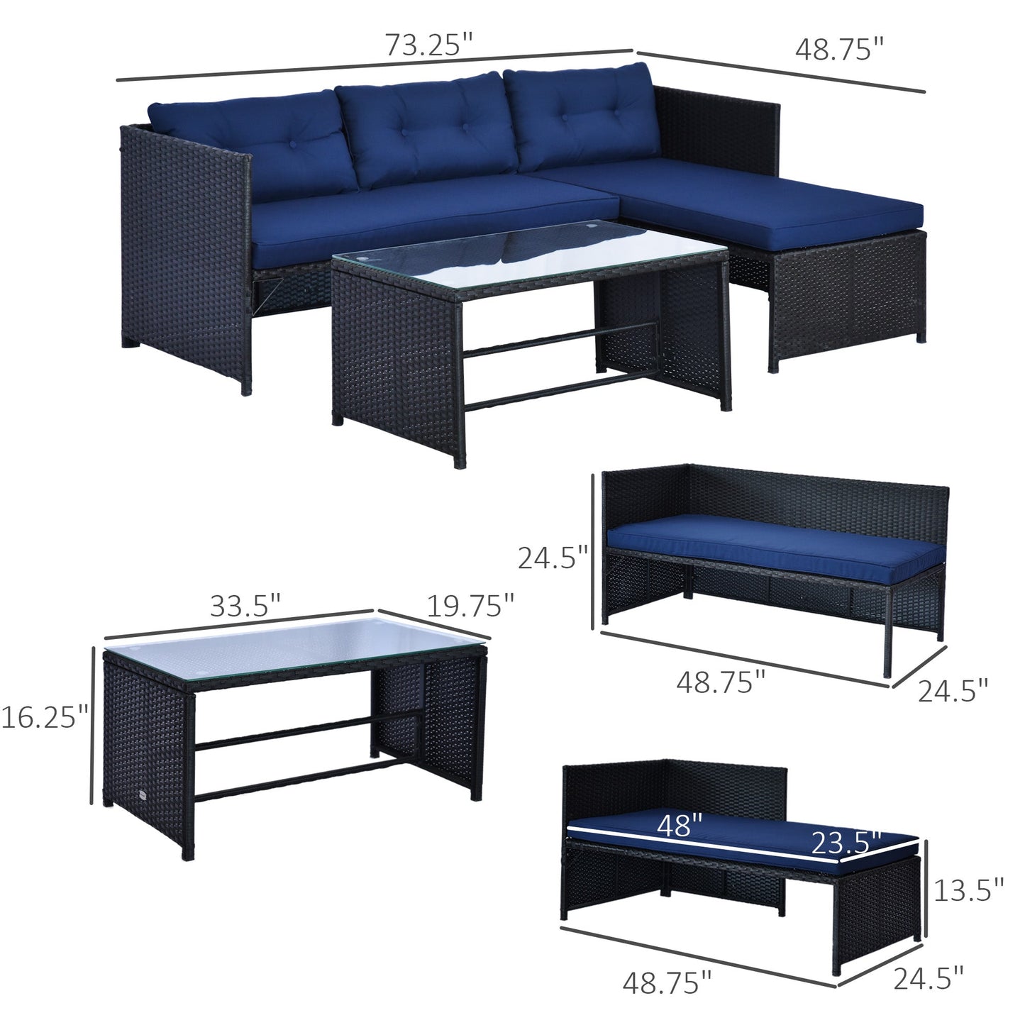 Outsunny 3 Piece Outdoor L-Shaped Rattan Patio Furniture Set with Sofa, Table and Cushions, Blue - 841-121BU