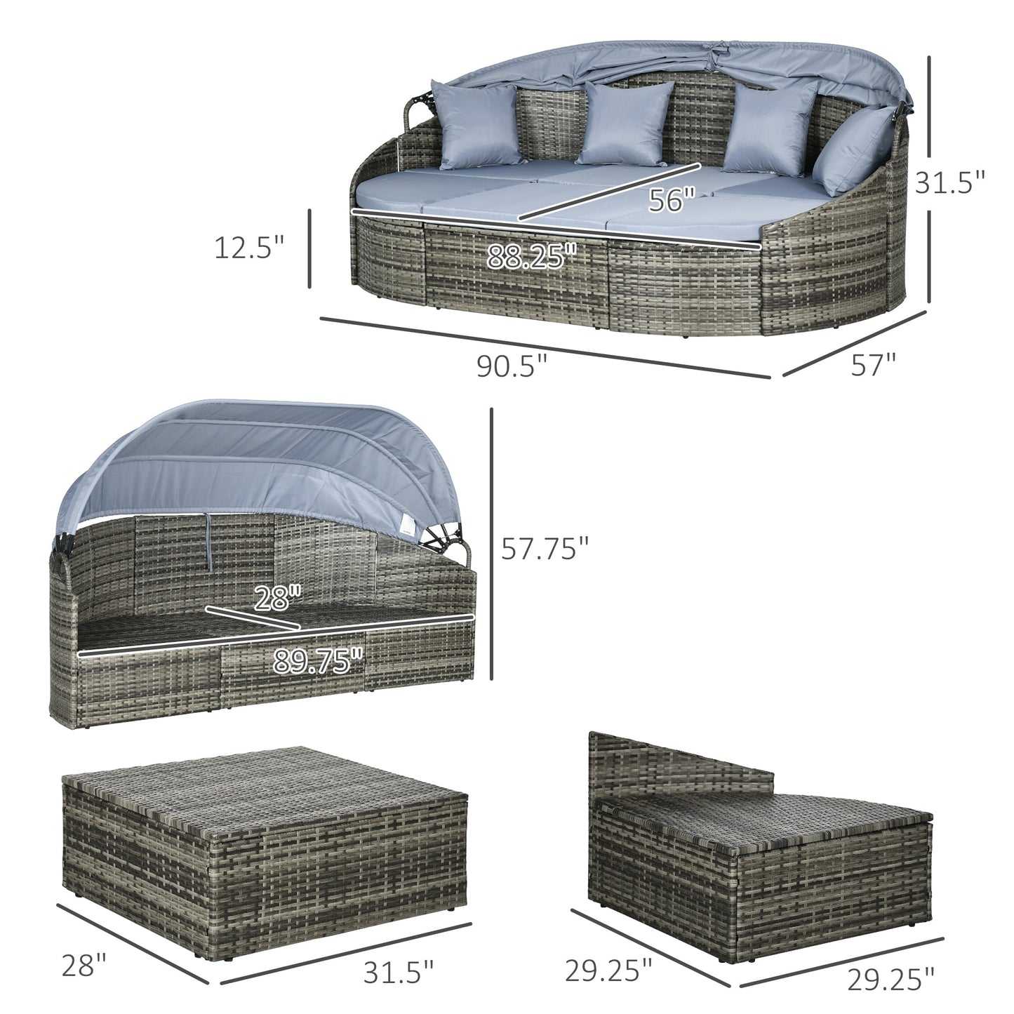 Outsunny 4-Piece Round Patio Daybed, Sectional Sofa with Canopy, Footrest, Table, Light Gray - 862-048V00GG