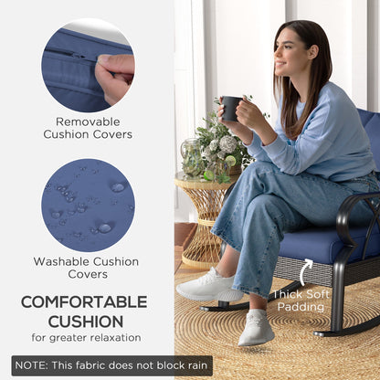 Outsunny 2 Pc Patio Wicker Rocking Chairs with Removable Cushions, Outdoor Rattan Rockers, Blue - 867-048V01DB