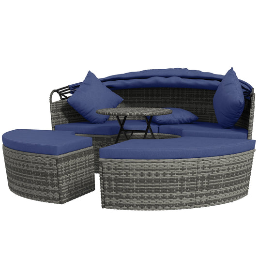 Outsunny Round Outdoor Daybed with Canopy, 4-Piece Sectional Outdoor Sofa, 3 Chairs, Tea Table, Dark Blue - 862-047V00DB