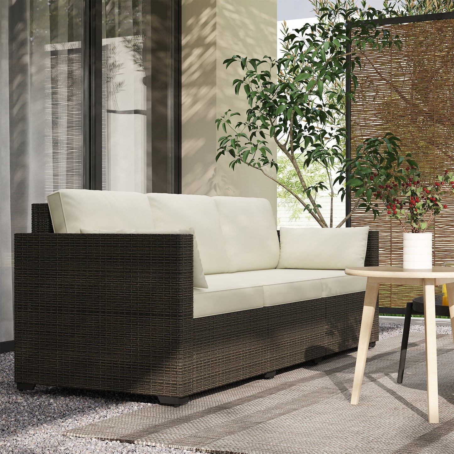 Outsunny 3-Seater PE Wicker Deep Seating Outdoor Sofa with Removable Cushions Cream White - 860-308V00CW